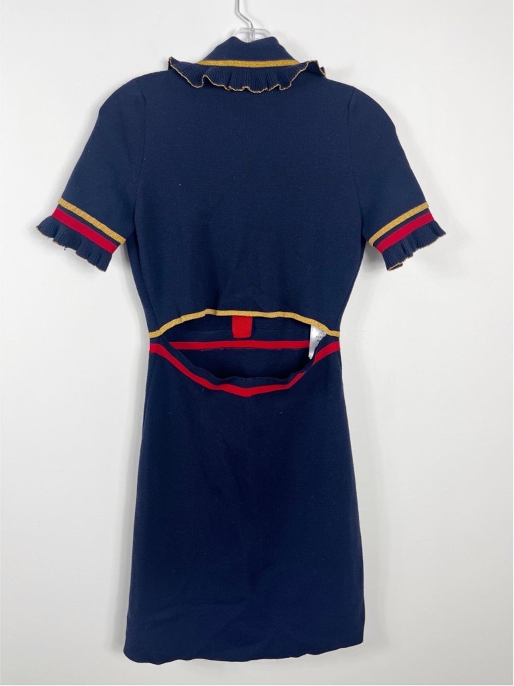 Gucci Pearl Embellished Ruffled Wool Blend Mini Dress Size Small NWT Navy - Picture 8 of 11